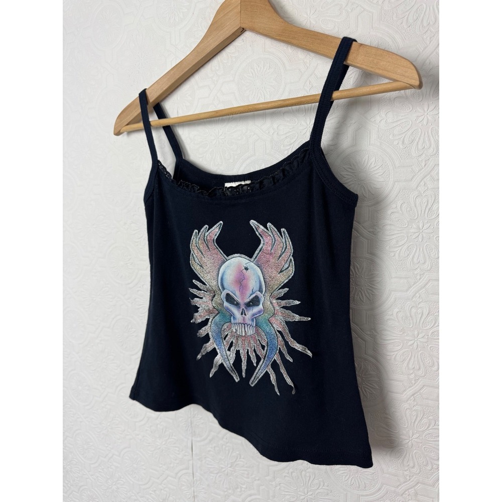 Vintage Winterland Y2K Winged Skull Glitter Graphic Cami Top Black Grunge Medium